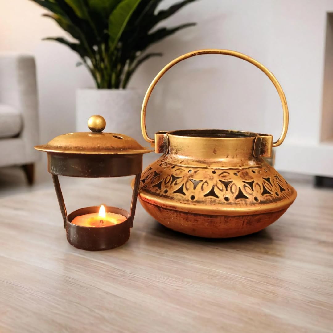 TIN TOWN Degchi Dhoop Dani Pot - Vintage & Heritage Decor Incense Dhoop Holder, House Warming Gift (Iron, Round, Antique Finished Golden) for Home Decor (Netted Style), Gold Set of 1
