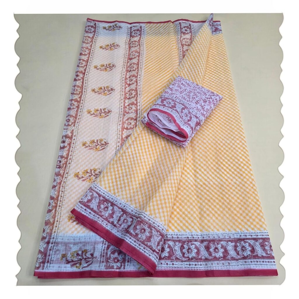 Women's Kota Doria Saree Cotton Blend With Designer Leharia and Floral Hand Block Print Handicraft Saree (Handloom Cloth Store) HSK25HHBPLD