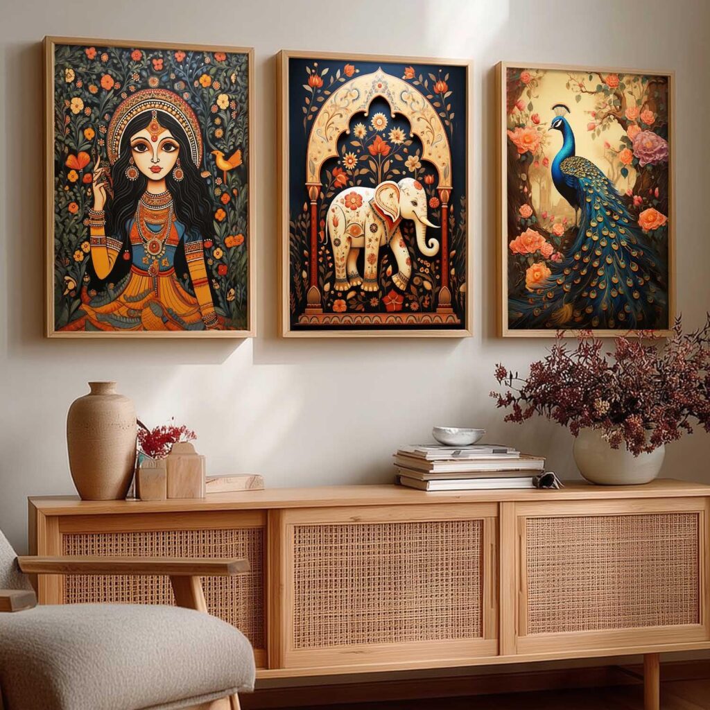 kotart Traditional Wall Art Painting With Frame | Madhubani Vastu Peacock Paintings Home Decoration For Living Room Bed Room Hotel Wall Decor Digital Reprint Set of 3 (13X17 inch)