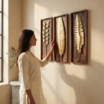 vedas Exports Gold Metal Wall Decor for Living Room – Iron & MDF Wall Art Hanging – Modern Wall Decoration for Home, Bedroom, Dining Room, Office – Large Wall Decor (Size 8 x 20 inches) (Set of 3)