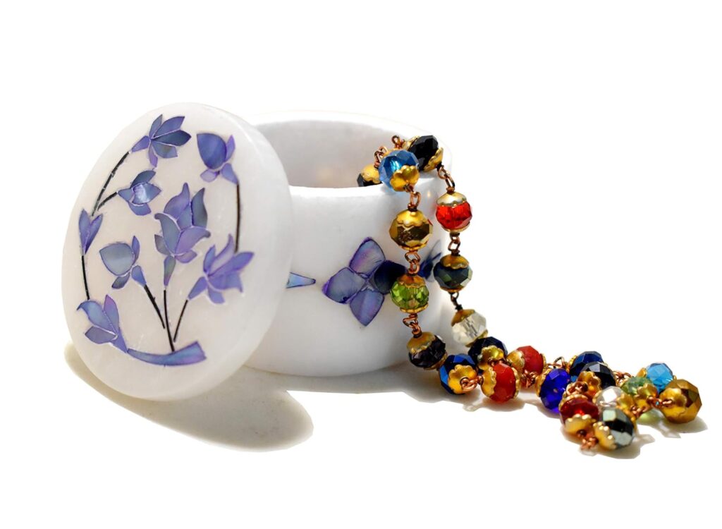 MARBOGLASS INDIA Handicraft White Marble Sindoor box and other small jewellery storage box for Women use (blue inlay stone work)