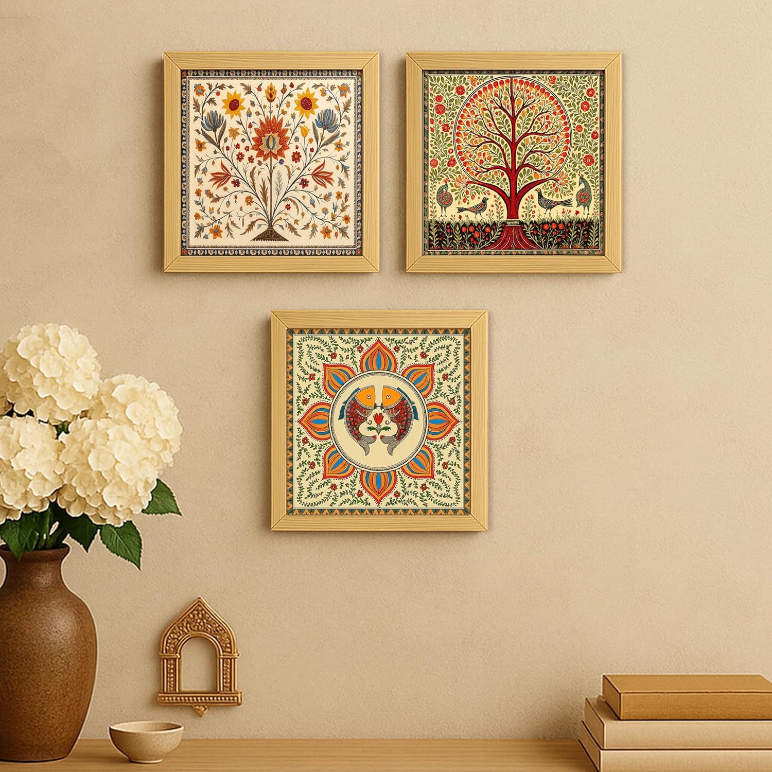 Rousrie Aesthetic Floral Madhubani Art Wall Painting for Living Room, Multicolor, Wood, Modern Style, Wall Mount, Pack of 3, 20 by 20 cm