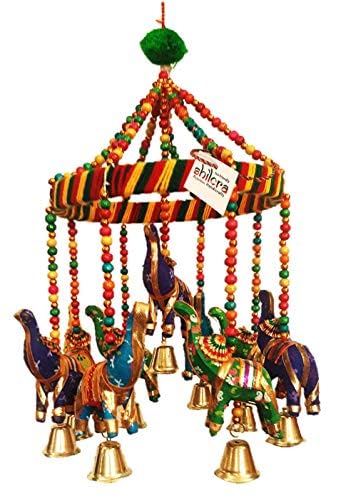 Shivakari Rajasthani Handicrafts Cotton 9 Elephant Jhoomer Wind Chime for Home Decor (12", Multicolor)