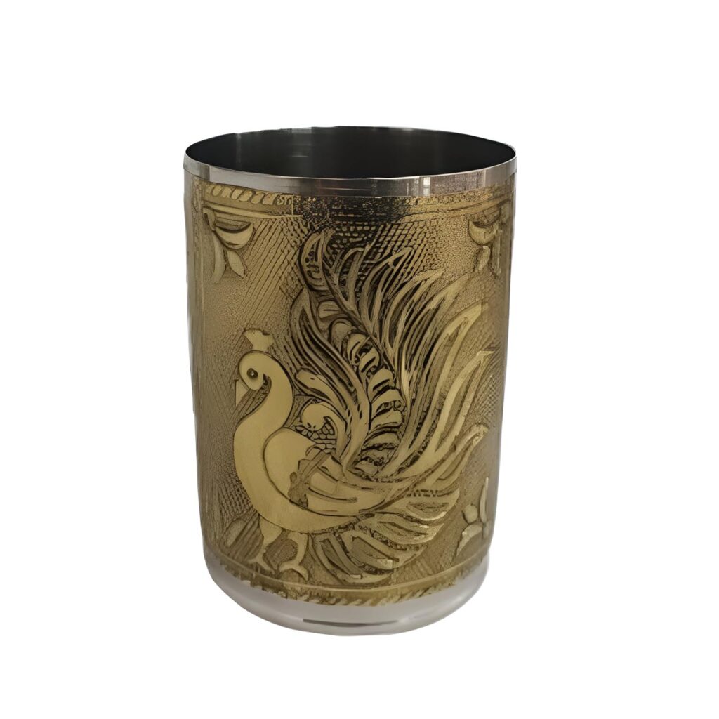 Sri Sisters Stainless Steel Embossed Glass – 250ml Traditional Indian Tumbler with Peacock & Floral Design | Oxidised Golden Finish | 9x6 cm | Ideal for Water, Juice, Return Gift