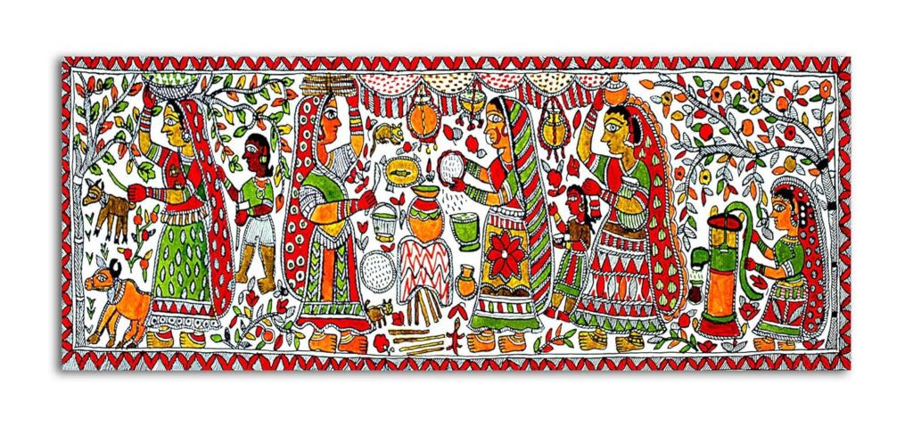 Tamatina Madhubani Art Canvas Painting|The Wedding Bells|Art|Size-39X17 Inches.b487