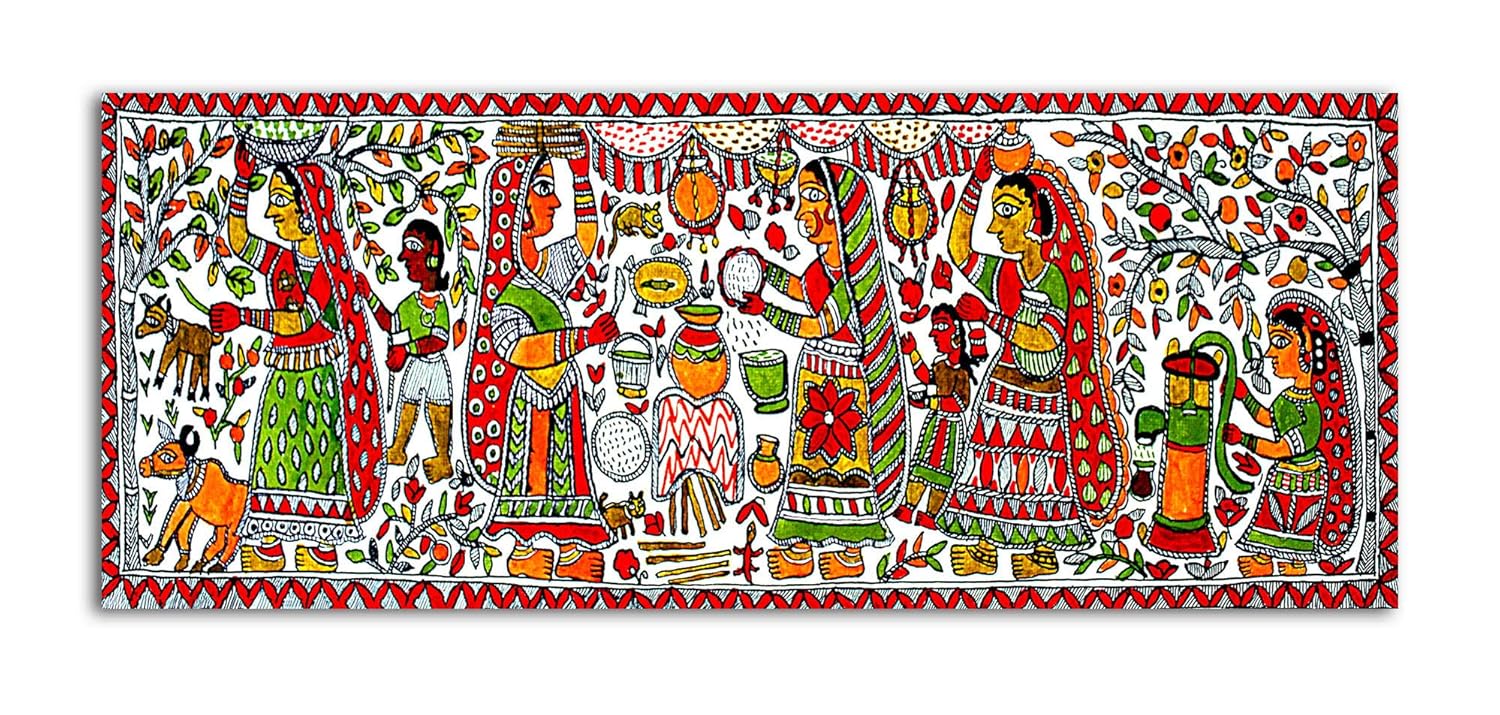 Tamatina Madhubani Art Canvas Painting|The Wedding Bells|Art|Size-39X17 Inches.b487