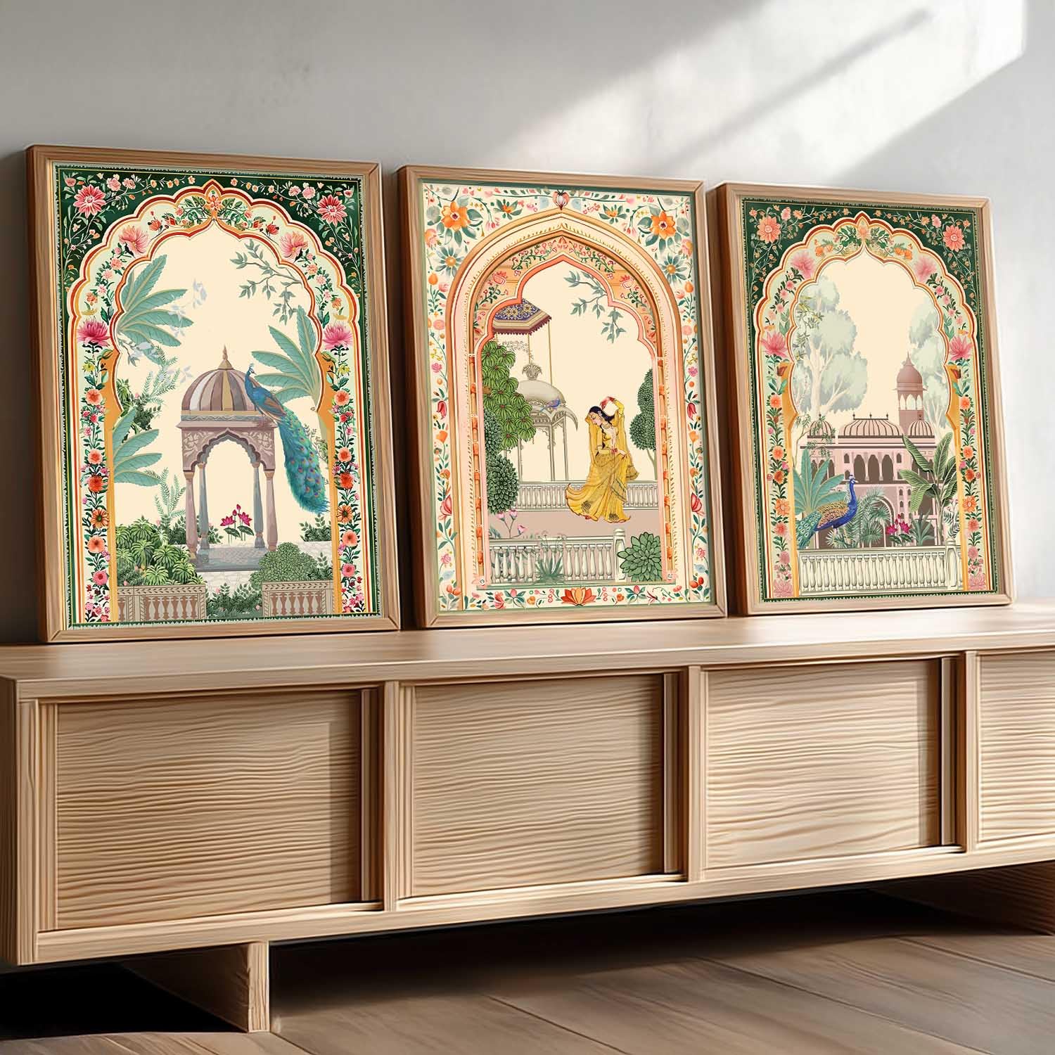 kotart Indian Traditional Art Wall Painting Madhubani Home Decoration With Frame For Living Room Bed Room Hotel Wall Decor Digital Reprint Engineered Wood Set of 3 (10 X 13 inch)