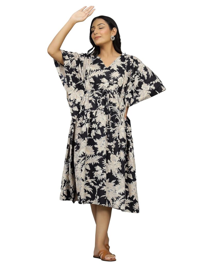 Ravaiyaa Women Printed Cotton V-Neck Knee Length Kaftan Dress Nighty