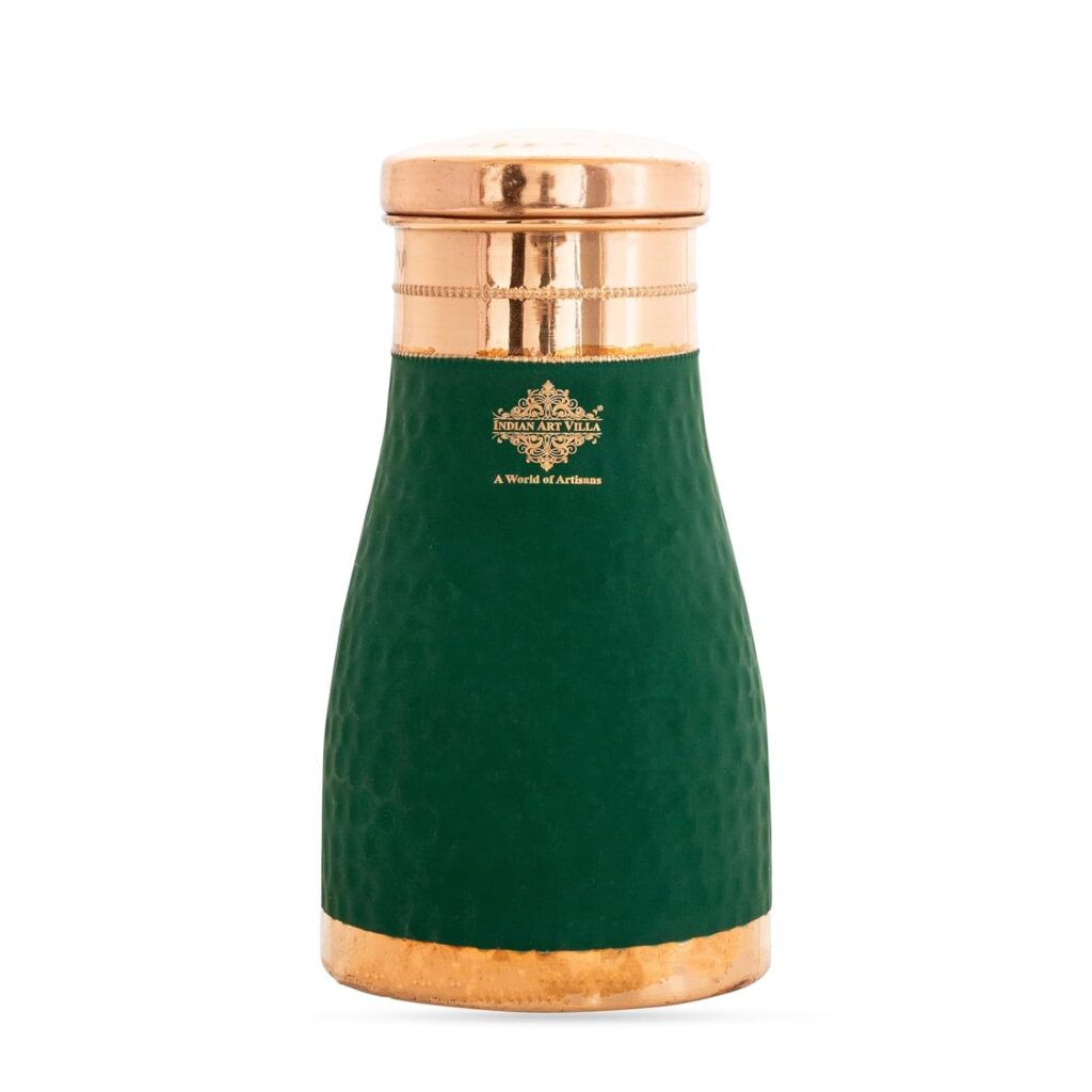 INDIAN ART VILLA Pure Copper Bedroom Water Bottle with Inbuilt Glass, Green Silk Finish Hammered Design, Drinkware & Storage Purpose - Volume 950 ML (Pack of 1)