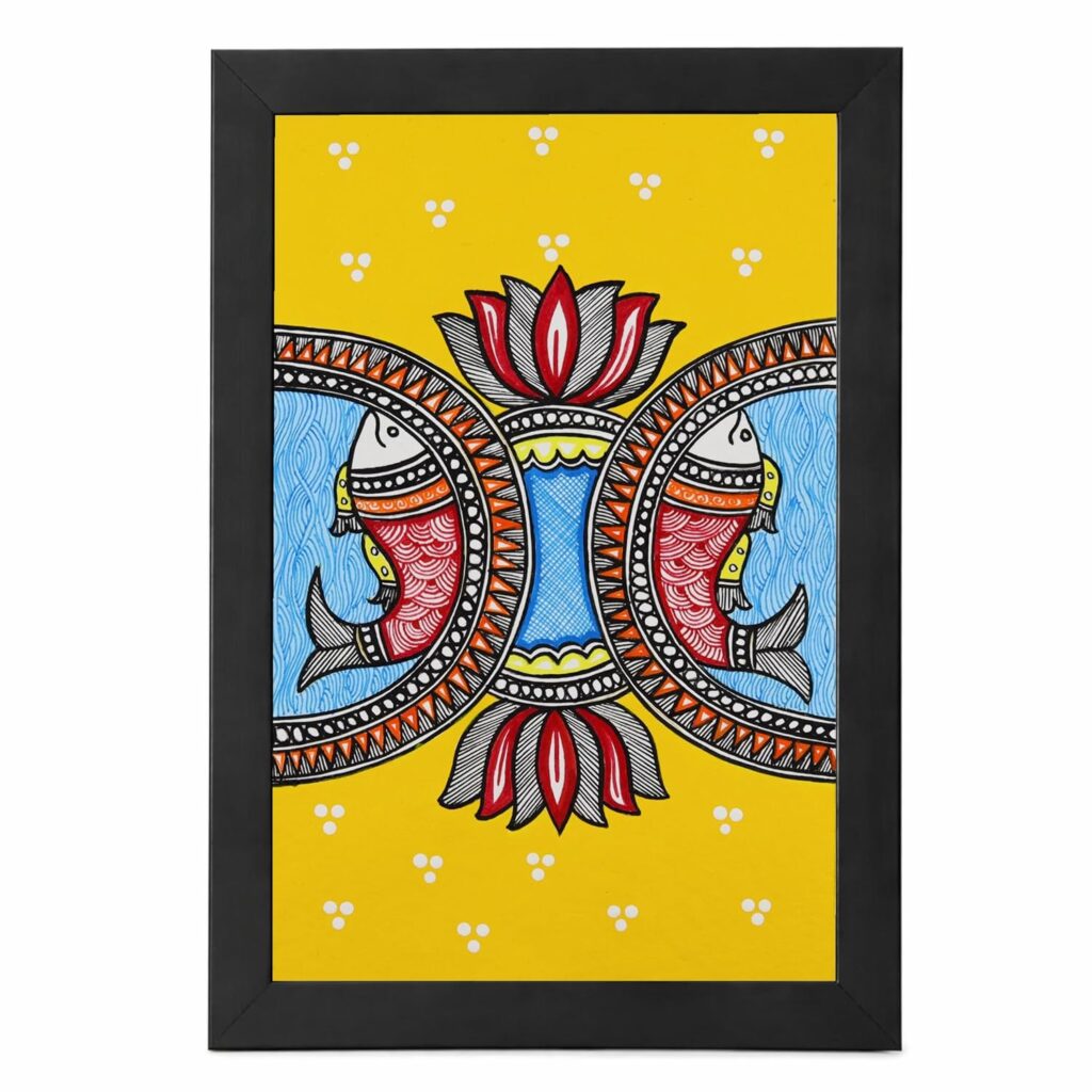 AAKARSHAK Handmade Madhubani Fish Painting Framed 8x12 Inch - Small Mithila Wall Art Gift for Living Room Bedroom Office Decor