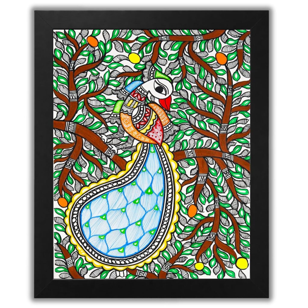 AAKARSHAK Handmade Madhubani Peacock Painting Long Tail Tree Theme Framed 12x16 Inch - Mithila Wall Art for Bedroom Office Living Room Vastu Decor Gift