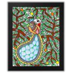 AAKARSHAK Handmade Madhubani Peacock Painting Long Tail Tree Theme Framed 12x16 Inch - Mithila Wall Art for Bedroom Office Living Room Vastu Decor Gift