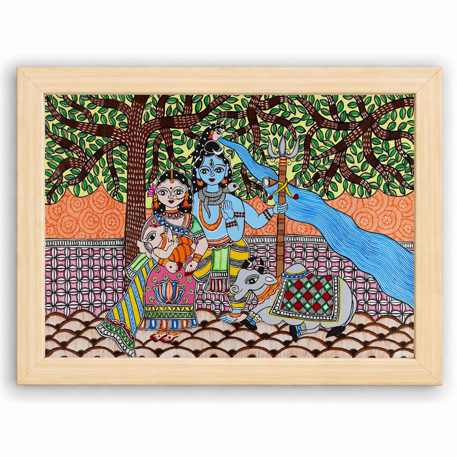 AAKARSHAK Shiv Parvati Painting for Wall Madhubani Handmade Large Framed 17x24 Inch - Mithila Shiv Parivar Religious Art for Puja Room Decor Gift