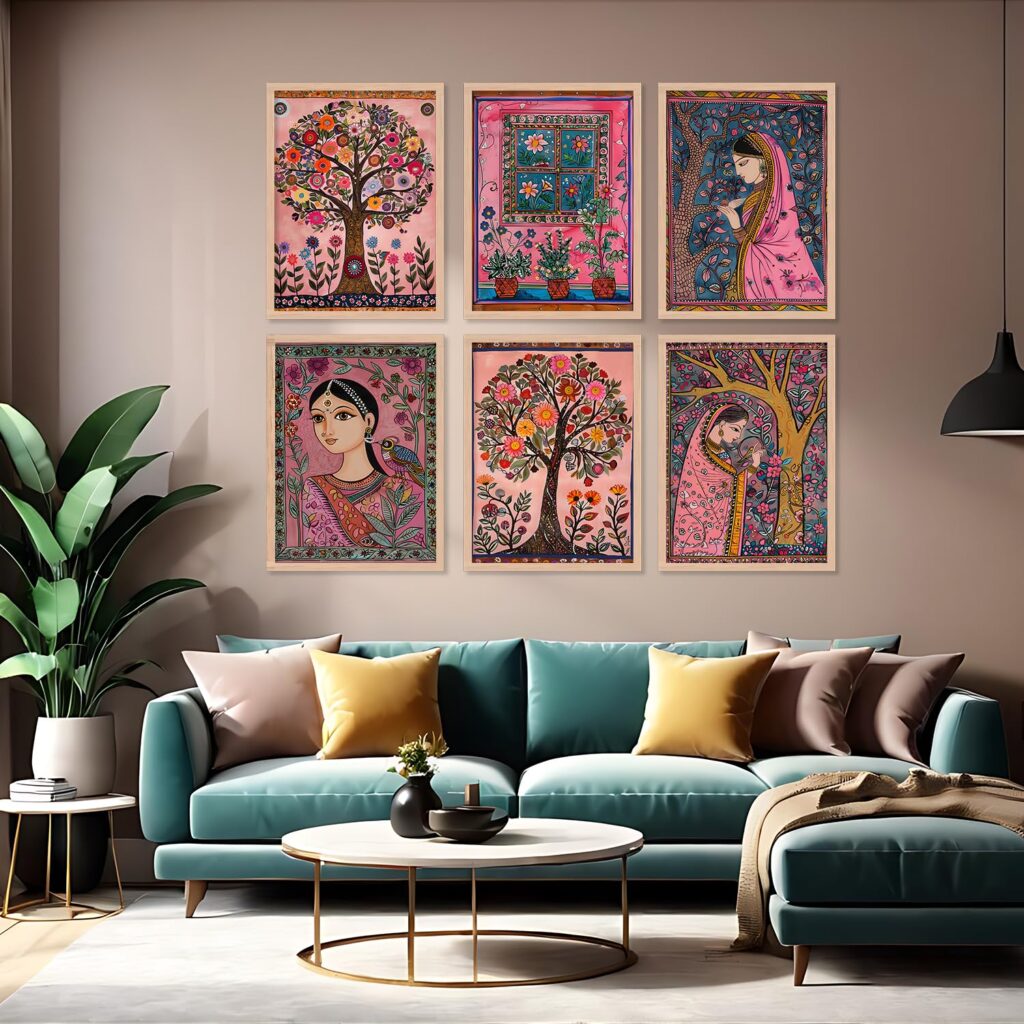 ARTELLY Madhubani Paintings For Living Room Bedroom - Pichwai Painting For Wall/Home Decoration - Traditional Indian Big Size Frames For Office Wall Decor (Set of 6) (10inch x 13inch, ART 6)