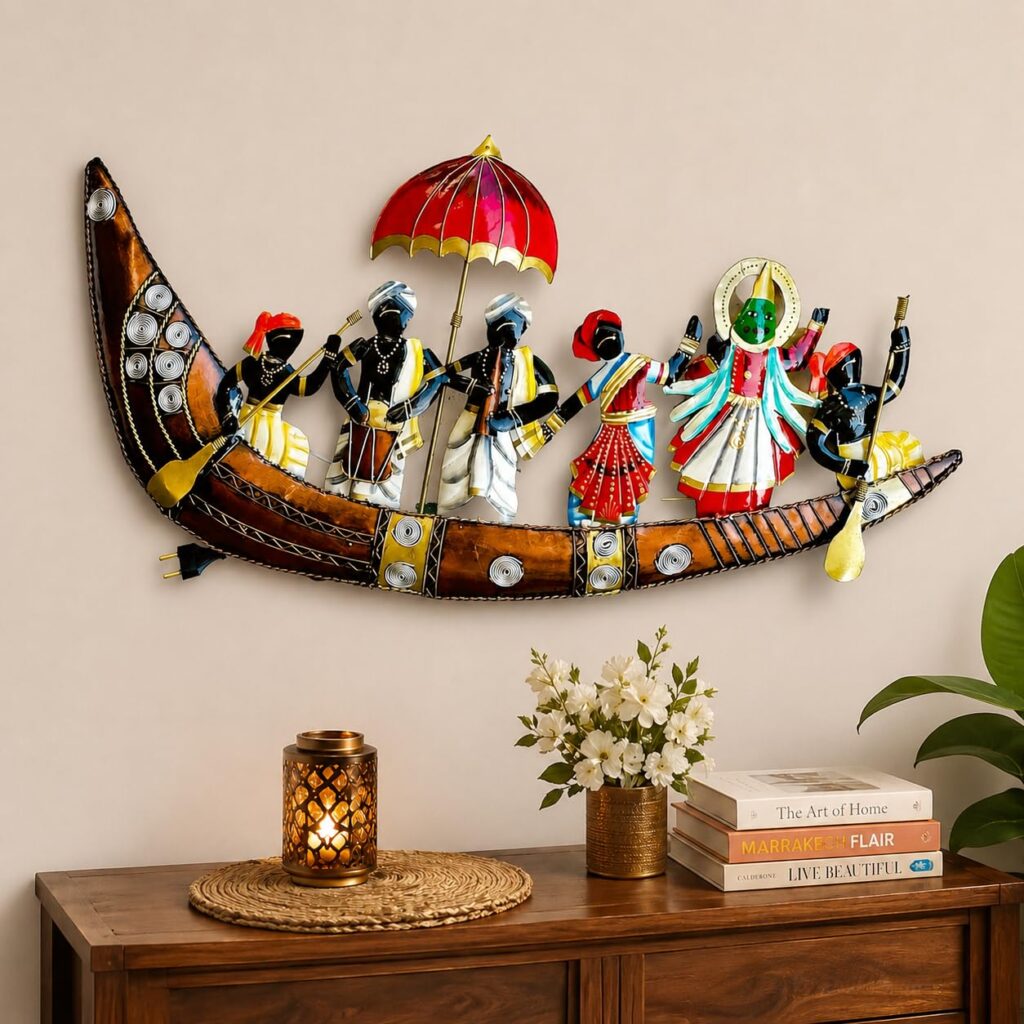 Anshika International Kathakali Boat Wall Art with LED Light | Handcrafted Metal Wall Sculpture for Living Room, Bedroom & Hallway Decor | Premium Abstract Figurine Wall Hanging | 32 x 15 Inch
