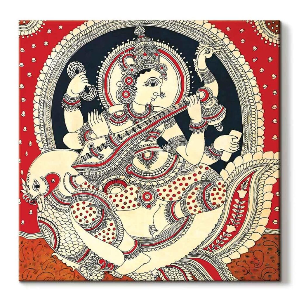 ArtX Canvas Madhubani Goddess Saraswati Devi, Big Wall Art Painting For Living Room, Multicolor, Abstract, 22X22 in, Set of 1