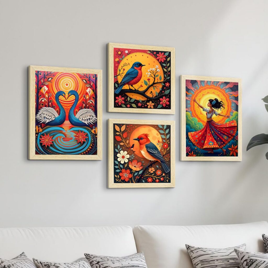ArtX Paper Madhubani Paintings with Frame for Home Decor, Wall Painting for Living Room, Multicolor Art, Natural Wood Color Frames, Set of 4