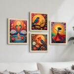 ArtX Paper Madhubani Paintings with Frame for Home Decor, Wall Painting for Living Room, Multicolor Art, Natural Wood Color Frames, Set of 4