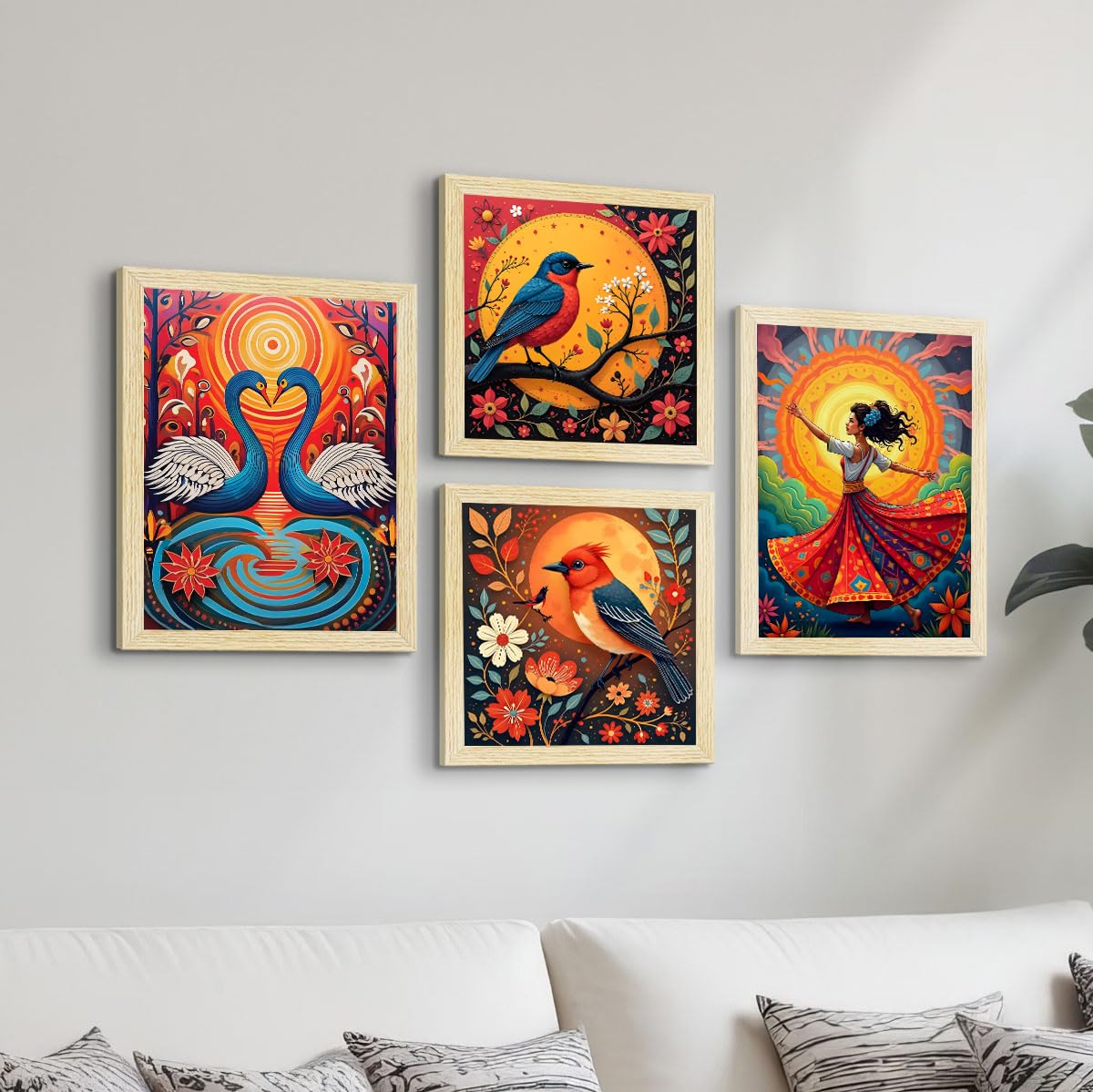 ArtX Paper Madhubani Paintings with Frame for Home Decor, Wall Painting for Living Room, Multicolor Art, Natural Wood Color Frames, Set of 4