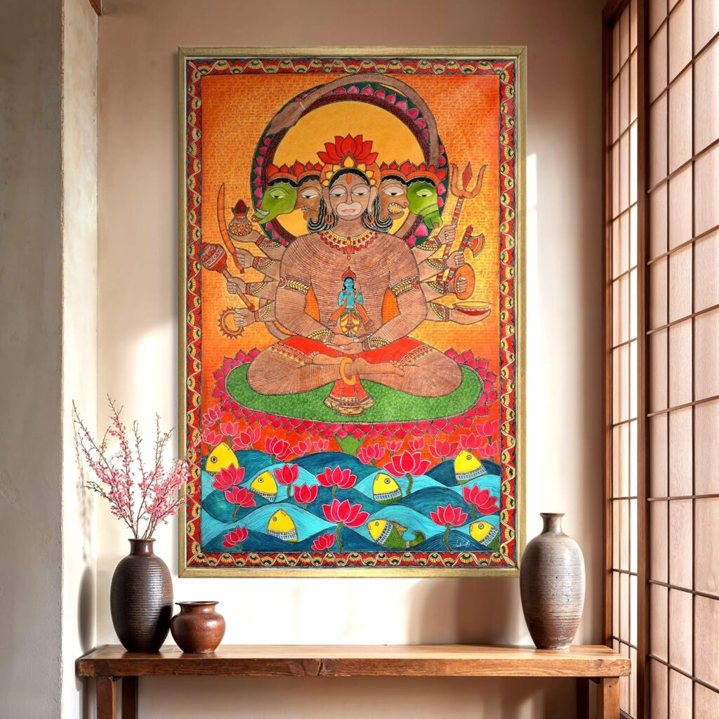 CHITRAPOTLI Panchmukhi Hanuman ji Painting | Madhubani Art Canvas for Home & Office Décor | Indian Folk Art | Madhubani Painting | Premium Canvas Wall Print | Floating Frame Golden (Size-36"X23")