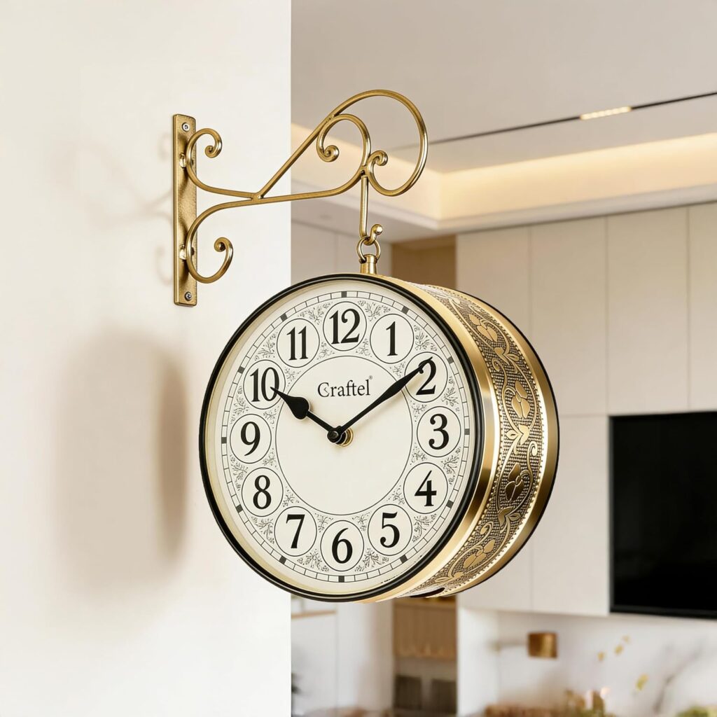 CRAFTEL Double Sided Station Wall Clock Electroplated Shiny Gold | English Roman Numerals | Aluminum Dial | Gift for Home Hall Living Room | Dial 10 Inch - Shiny Gold - 365 Days Warranty