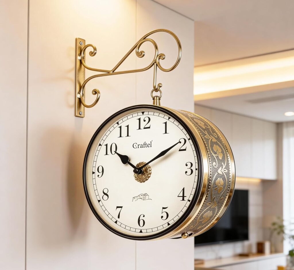 CRAFTEL Double Sided Station Wall Clock Multi-Layer Electroplated | English Roman Numerals | Aluminum Matte-Finish Dial Brass Body | Dial - 10 Inches, Shiny Gold | 365 Days Warranty