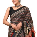 Crafts Moda Hand Block Ajrakh Print Cotton Saree for women with Blouse | Soft comfortable wear sari