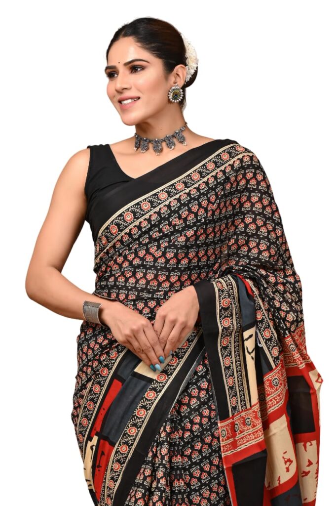 Crafts Moda Hand Block Ajrakh Print Cotton Saree for women with Blouse | Soft comfortable wear sari