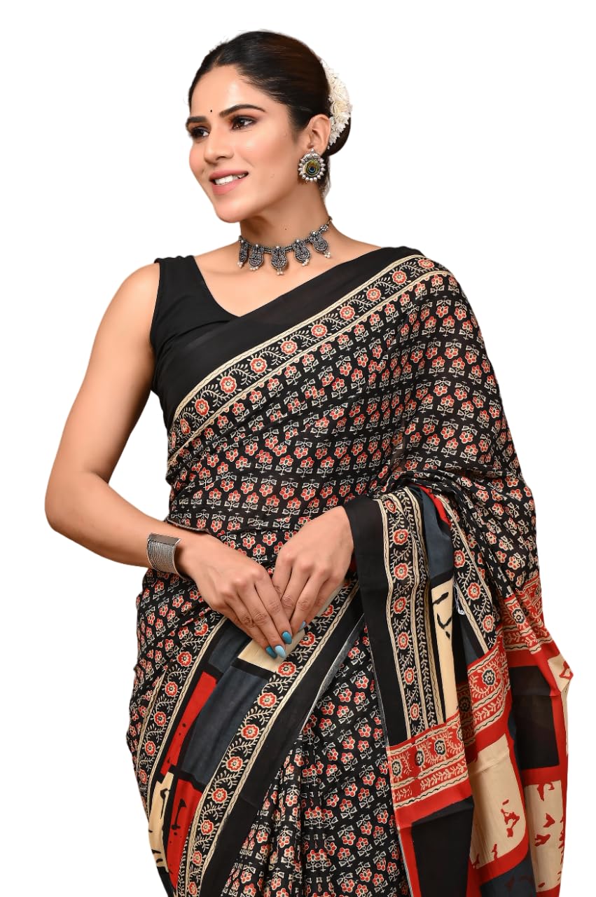 Crafts Moda Hand Block Ajrakh Print Cotton Saree for women with Blouse | Soft comfortable wear sari