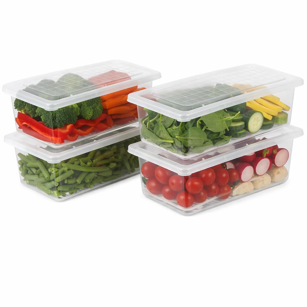 Fridge Storage Containers Fridge Organiser Storage Boxes with Removable Drain Plate, Lids, Stackable Organizer, Fridge Storage Box Keep Fruits, Vegetables Fresher, 1500 ML (4)