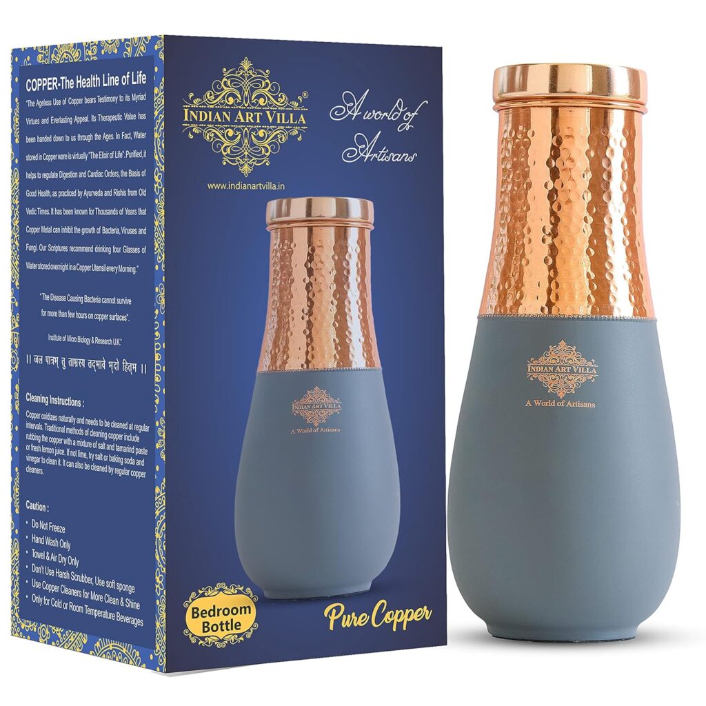 INDIAN ART VILLA Pure Copper Bedroom Water Bottle, Vase Design Half Gray Silk Half Hammered Finish - Volume 1425 ml (Pack of 1)