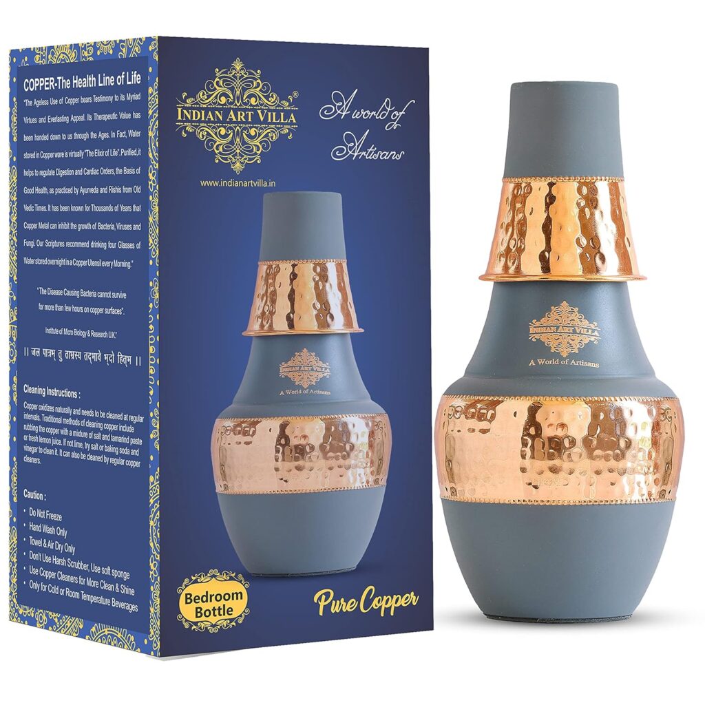 INDIAN ART VILLA Pure Copper Bedroom Water Bottle with Inbuilt Glass, Surahi Design Grey Half Silk Half Hammered Finish - Storage & Drinkware, Volume 1250 ml (Pack of 1)