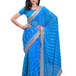 Indian Handicraft Chiffon Women's/Girls Stylish Tradition Leheriya Gota Patti Lace Saree With Un-stitched Blouse -2
