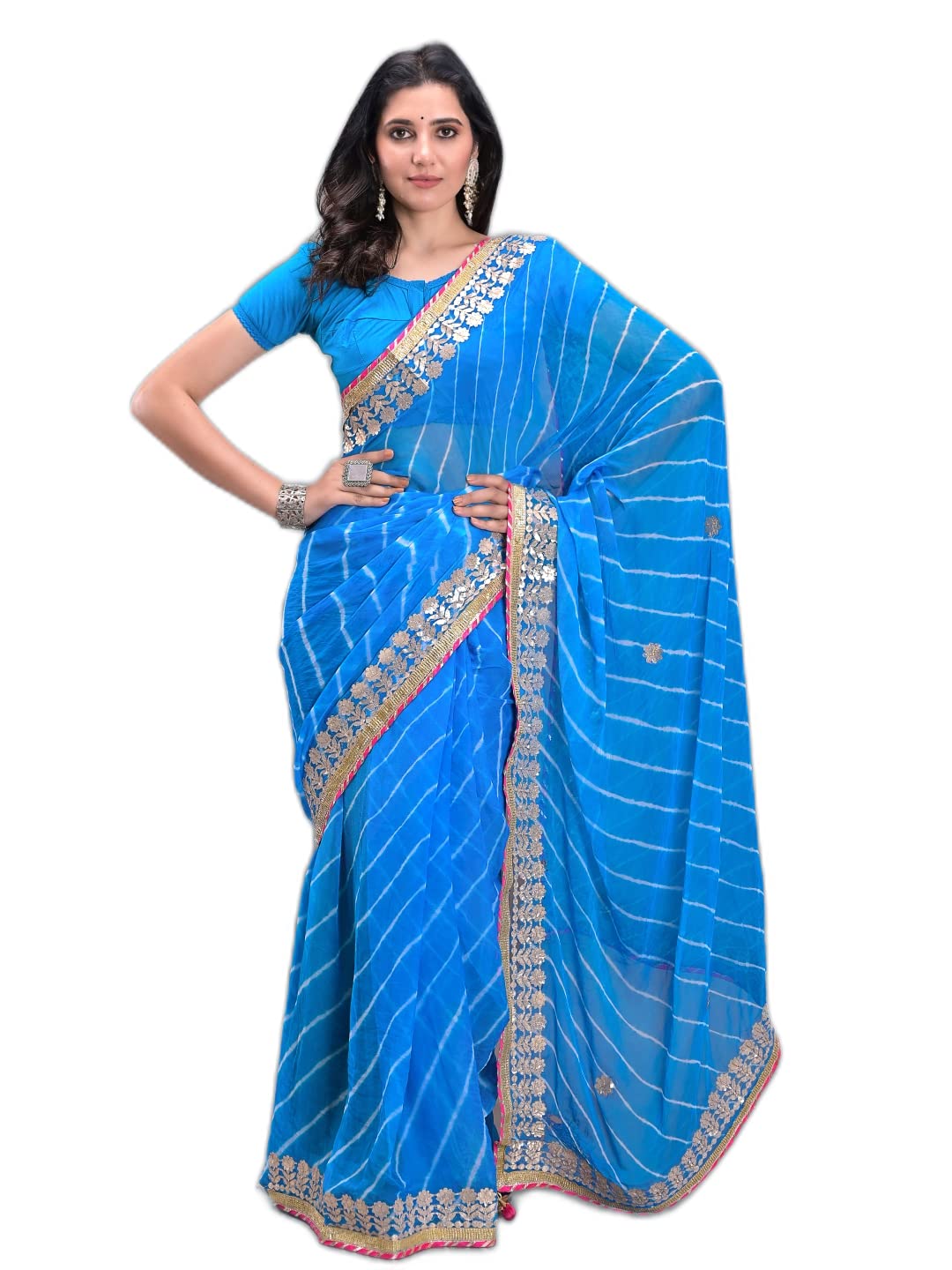 Indian Handicraft Chiffon Women's/Girls Stylish Tradition Leheriya Gota Patti Lace Saree With Un-stitched Blouse -2