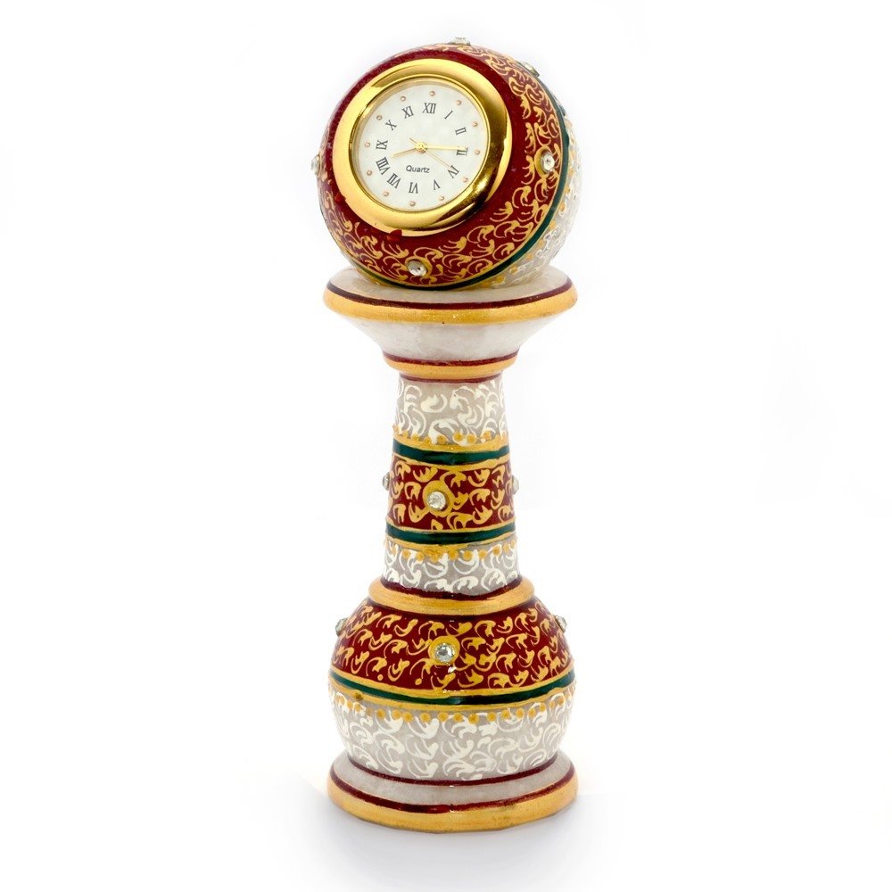 Little India Ethnic Design Marble Table Clock Handicraft Pillar Table Watch (373, White)