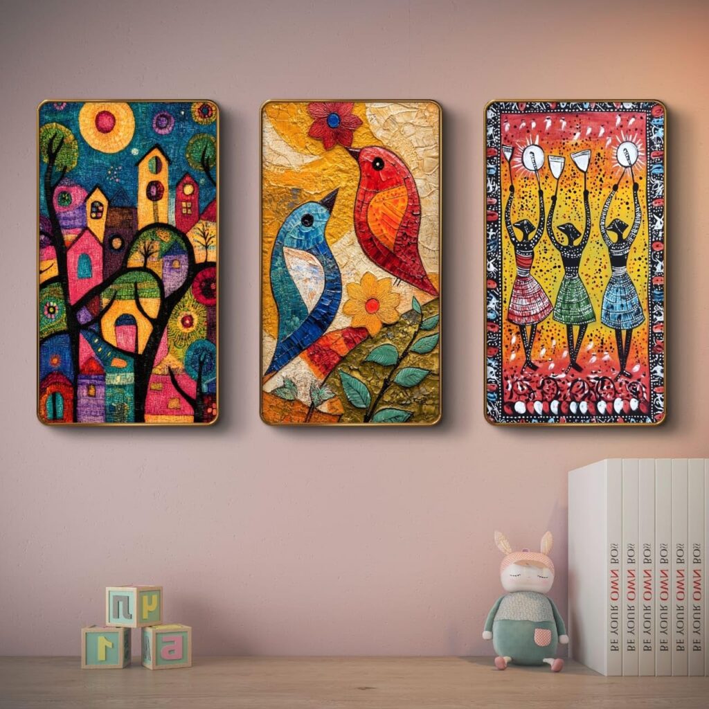 Livin'luxe Set of 3 modern art Madhubani painting Premium Golden Framed Wall paintings for living room, bedroom, home decoration, wall decoration 35 inch x 20 inch SG23