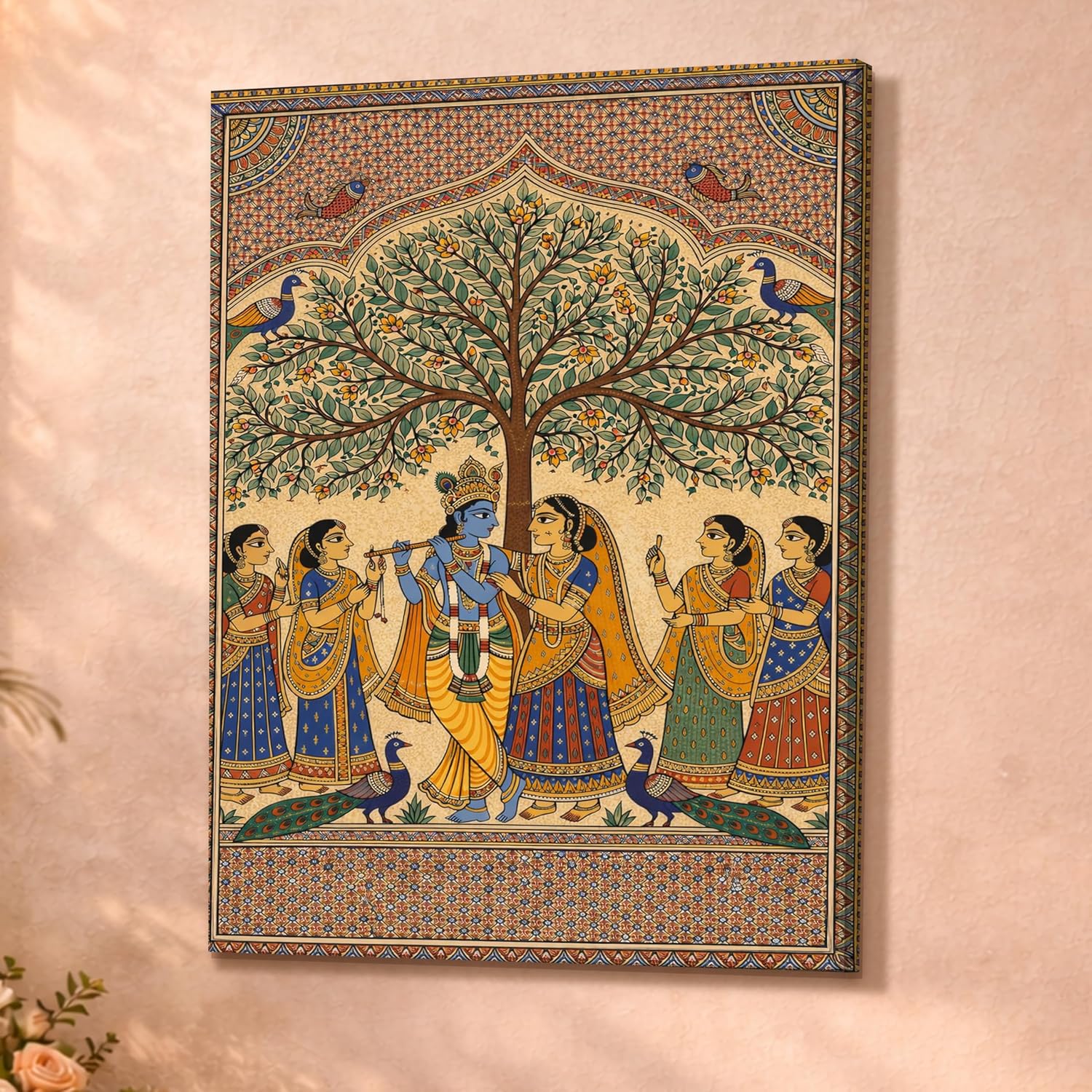 Madhubani Radha Krishna Ji Stretched Canvas Painting For Living Room | Pichwai Canvas Wall Art For Home Décor, Livingroom, Bedroom, Hallwa's, Office, Hotel - 41x56 cm