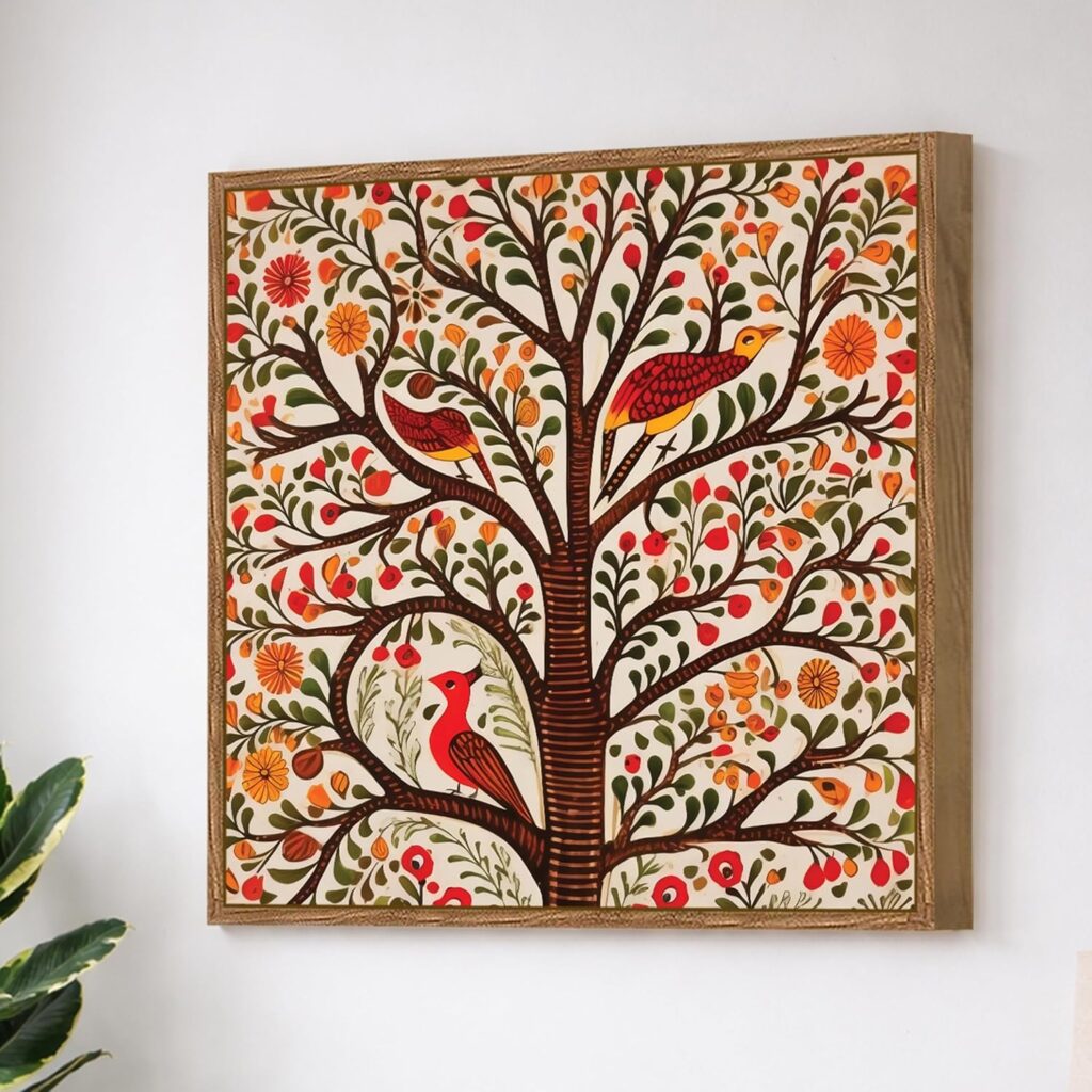 Madhubani Tree of Life Framed Painting For Living Room | Indian Folk Tree and Birds Large Canvas Painting With Frame Wall Art For Bedroom, Hallway's, Office, Hotel, Size 58x58 cm