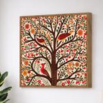 Madhubani Tree of Life Framed Painting For Living Room | Indian Folk Tree and Birds Large Canvas Painting With Frame Wall Art For Bedroom, Hallway's, Office, Hotel, Size 58x58 cm