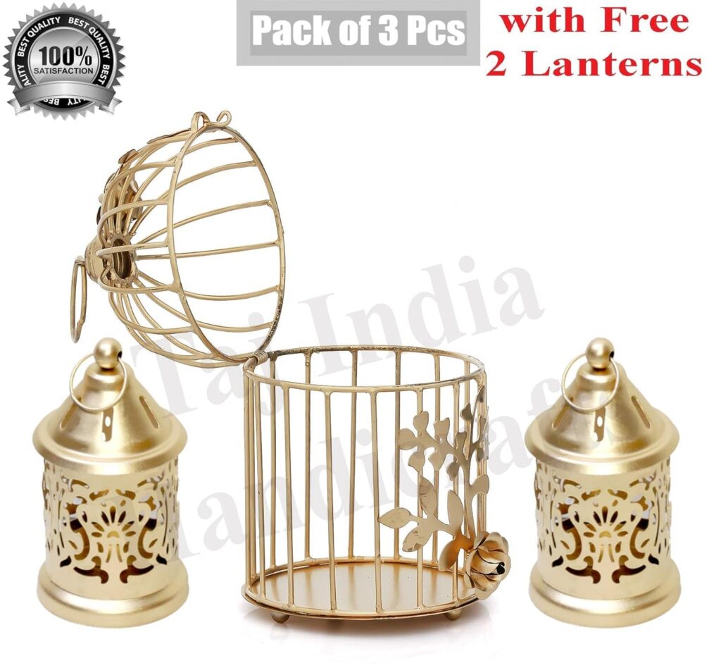 Metal Bird Cage Tealight Candle Holder with Flower Vine and Lantern Home Décor & Diwali Decoration with Pack of 3 Pcs & Gold Color with Free Candles.