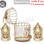 Metal Bird Cage Tealight Candle Holder with Flower Vine and Lantern Home Décor & Diwali Decoration with Pack of 3 Pcs & Gold Color with Free Candles.