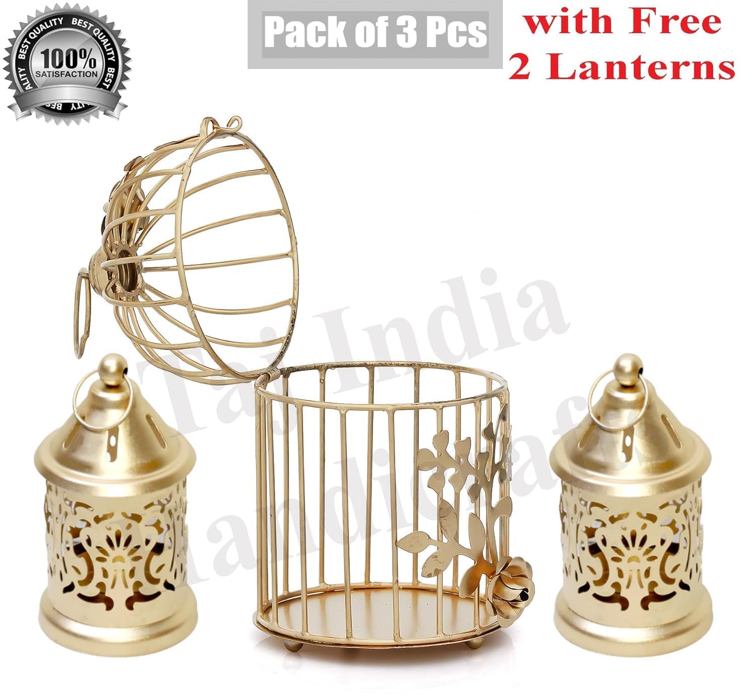 Metal Bird Cage Tealight Candle Holder with Flower Vine and Lantern Home Décor & Diwali Decoration with Pack of 3 Pcs & Gold Color with Free Candles.