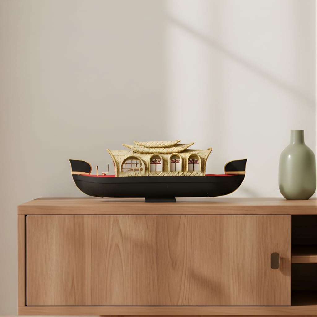 NATRIEL Traditional Kerala Style Miniature Houseboat Decorative Showpiece, Black and Natural (Large)