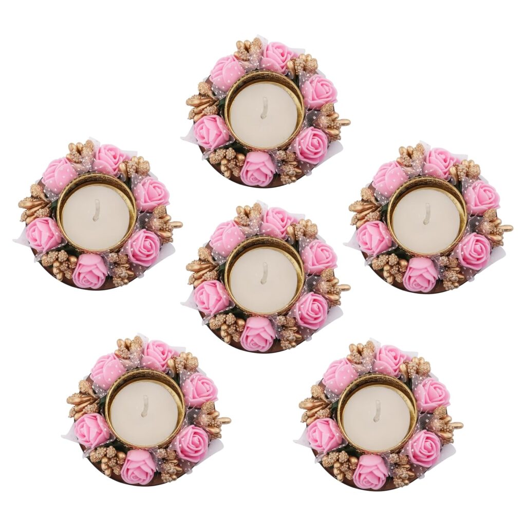 Prapti Handicrafts Handmade Tealight Candle Holders for Diwali Decoration,Home Decor Gifts Items/Diya for Home Office Pooja,Durga Puja Gift Sets (Pink Rose 6, Pack of 6)