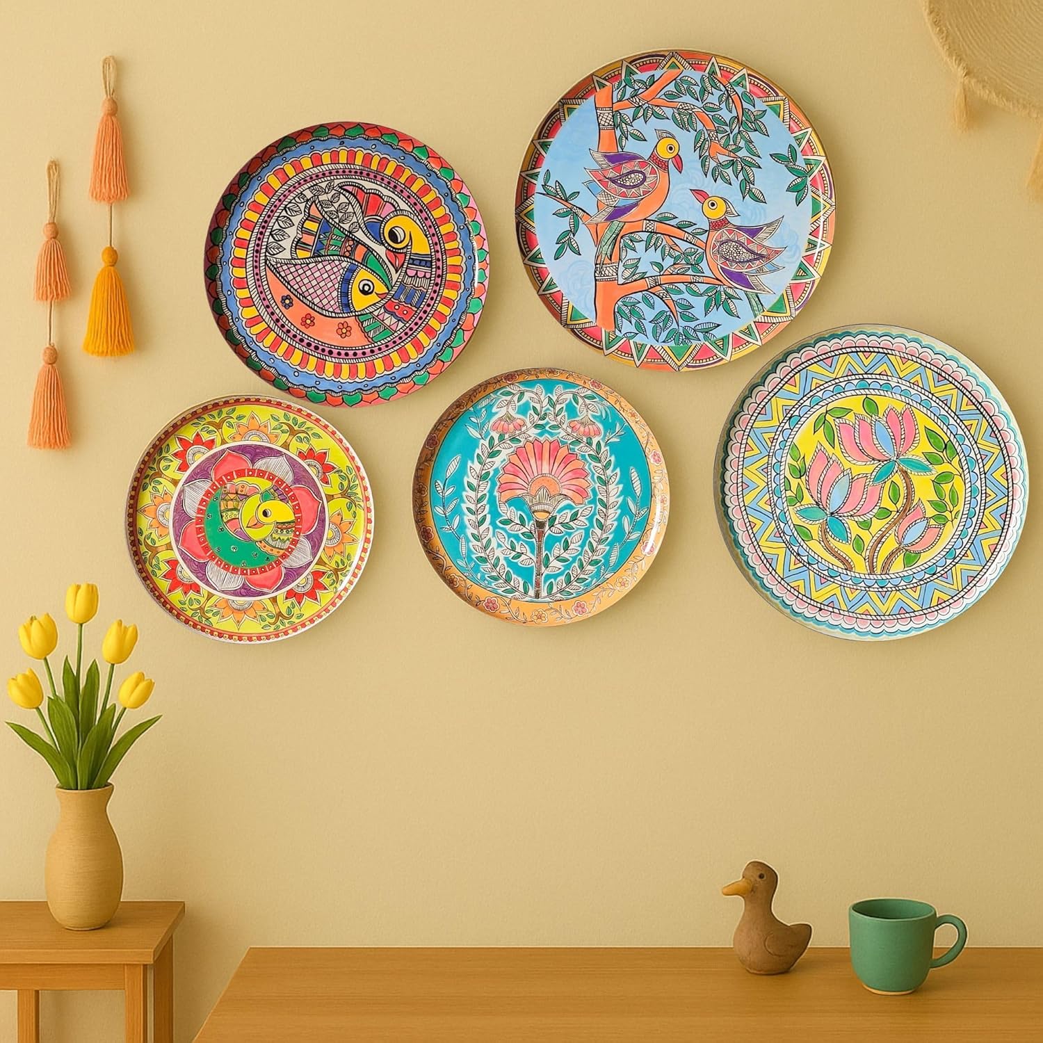 RITUALISTIC Madhubani Wall Plates Set of 5 | 12"+10"+8" Metal Wall Sculpture | Traditional Mithila Art for Living Room, Bedroom & Pooja Room | Ethnic Indian Wall Décor | Diwali Housewarming Gift