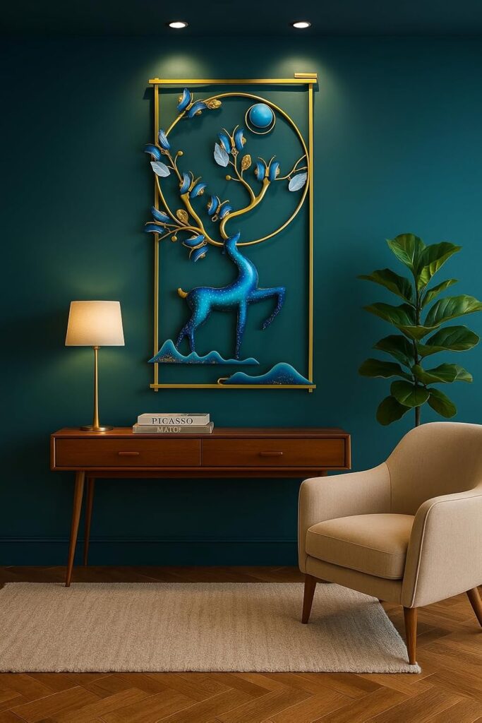 RSN Deer And Butterfly With LED Metal Frame Wall Décor entrance/Wall Hanging for Living Room, Wrought iron Wall Art Decor Hanging for home decoration Living Room Bedroom Home Office Hotel (Size 47x22 Inch) 03