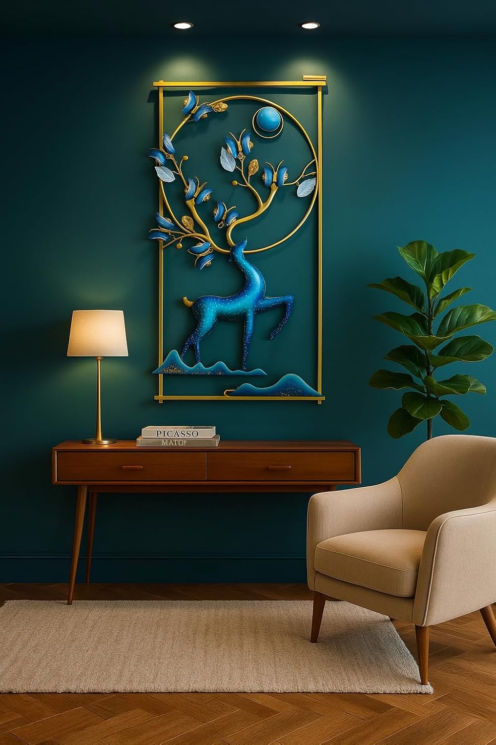 RSN Deer And Butterfly With LED Metal Frame Wall Décor entrance/Wall Hanging for Living Room, Wrought iron Wall Art Decor Hanging for home decoration Living Room Bedroom Home Office Hotel (Size 47x22 Inch) 03
