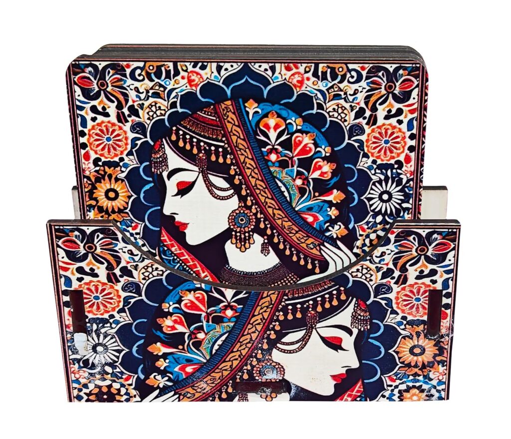Rastogi Handicrafts Coaster Set of 6 Colorful India Theme Design Wooden Coasters to Serve Tea Cups, Coffee Mugs and Glasses (Ragini-2 Coaster Set)