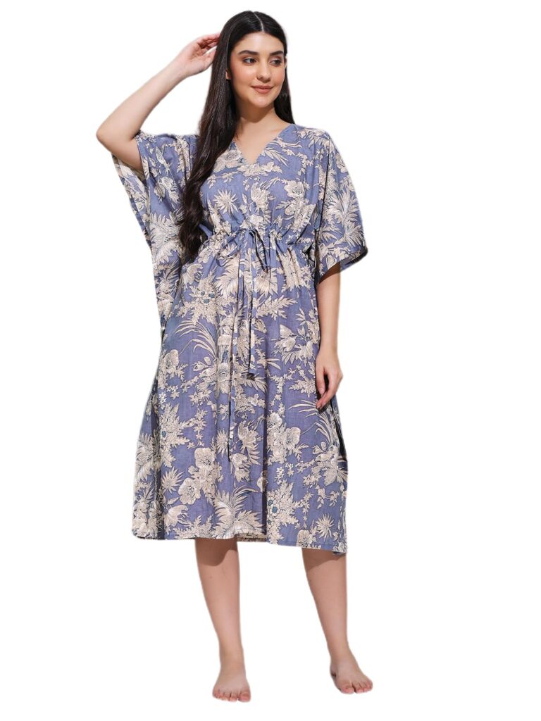 Ravaiyaa Women Printed Cotton V-Neck Knee Length Kaftan Dress Nighty