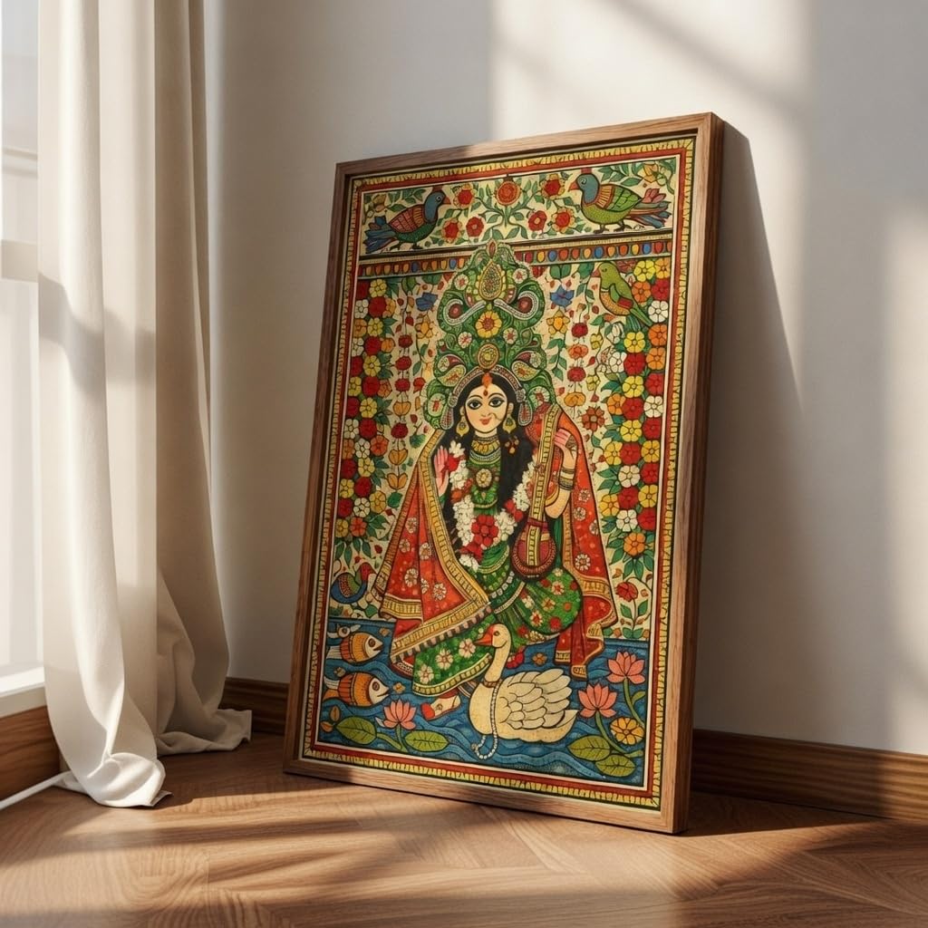 SAF Traditional Madhubani Goddess Wall Art with Wooden Frame | Folk Art HD UV Laminated Print on MDF | Indian Cultural Painting for Living Room Bedroom Office Decor 13.5 x 19.5 Inch